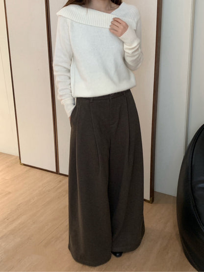 // 超遮肉壓褶闊腳毛呢褲