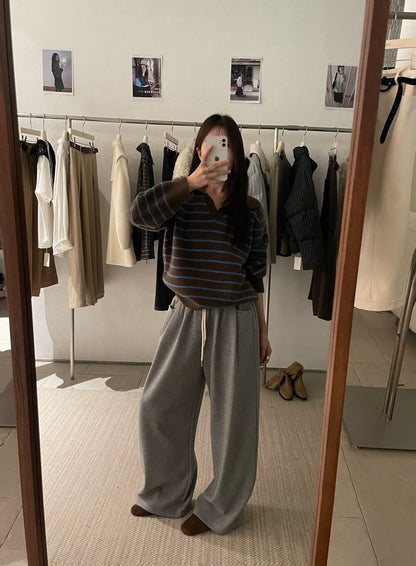 // 復古配色小V翻領間條毛衣