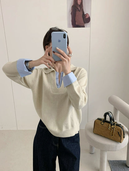 // 設計感拼接恤衫針織上衣