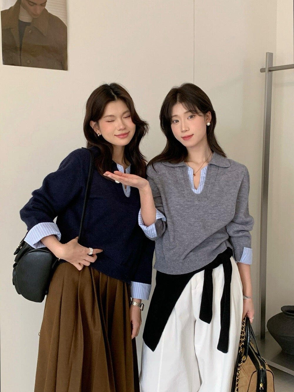 // 設計感拼接恤衫針織上衣