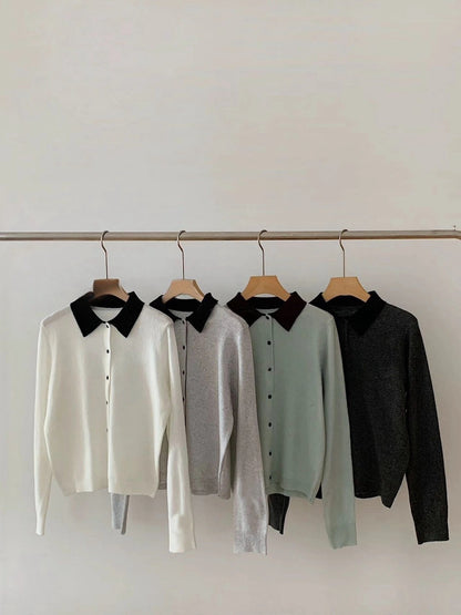 B106 / 撞色翻領排扣針織上衣(30%fine wool)