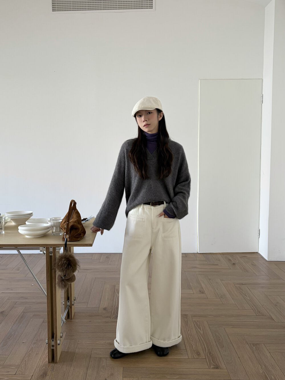 // 雙口袋裝飾加絨卷邊褲(連腰帶)