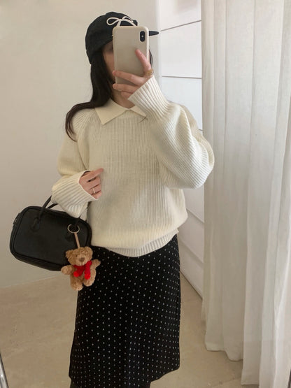 // 部分撞色翻領插肩毛衣