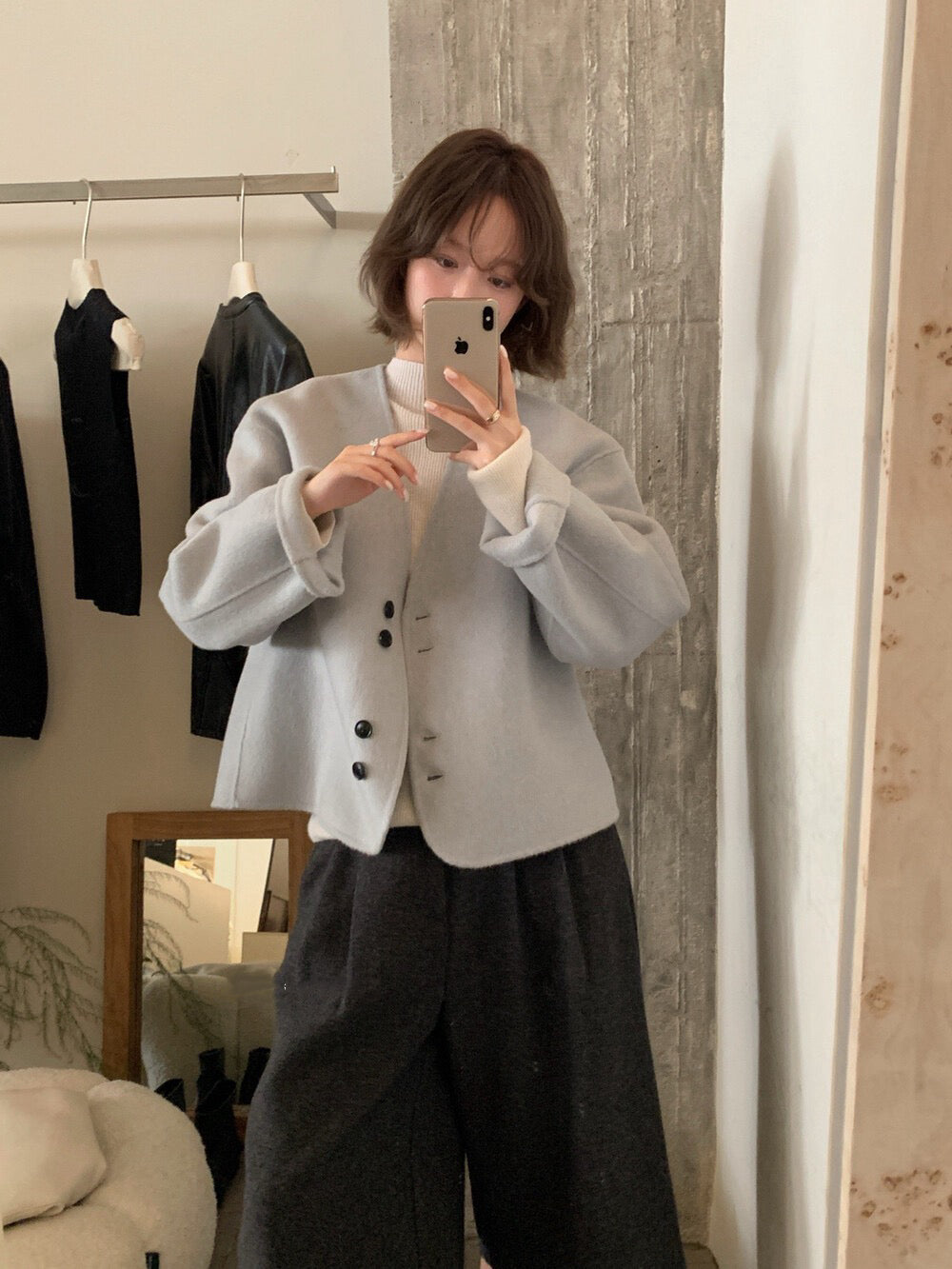 // 極美double鈕扣深V簡約100%雙面羊毛手工外套