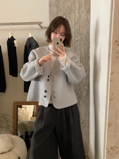 // 極美double鈕扣深V簡約100%雙面羊毛手工外套