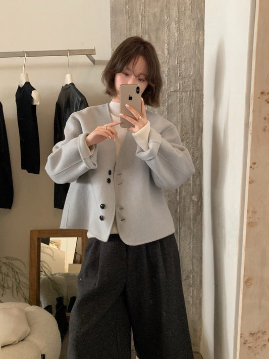 // 極美double鈕扣深V簡約100%雙面羊毛手工外套