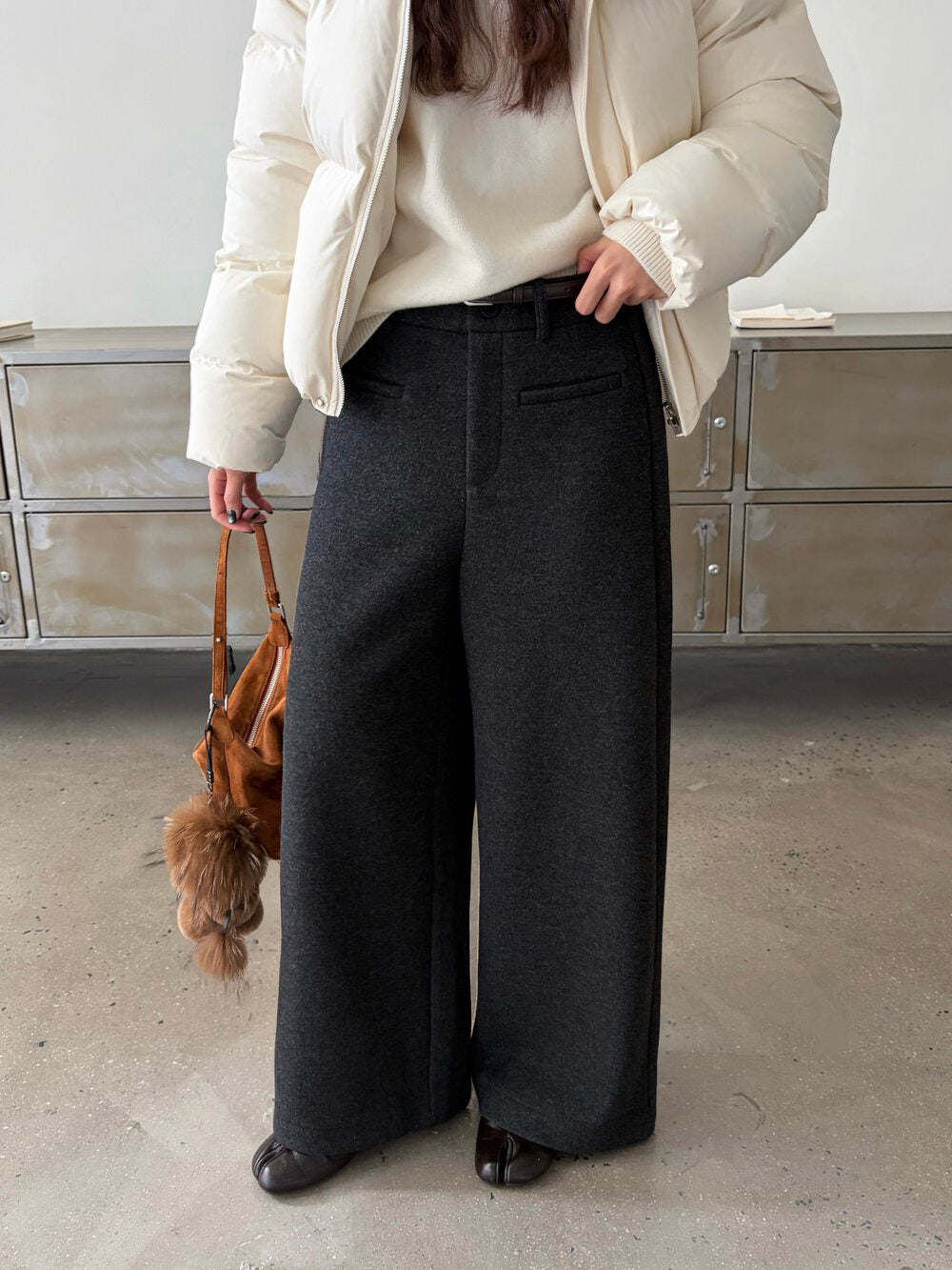 // 10%wool褲型超好毛呢闊褲(連腰帶)