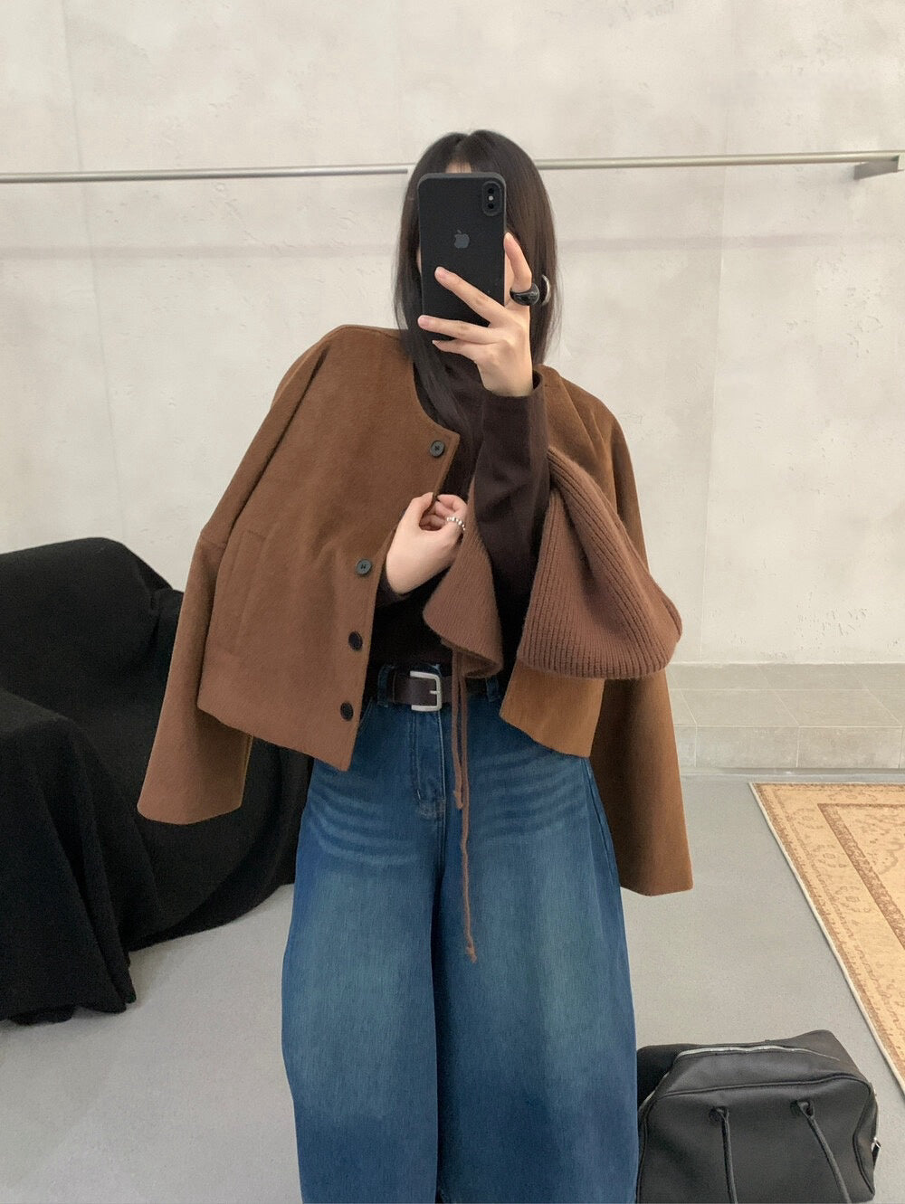 // 可拆針織帽短款圓領毛呢外套