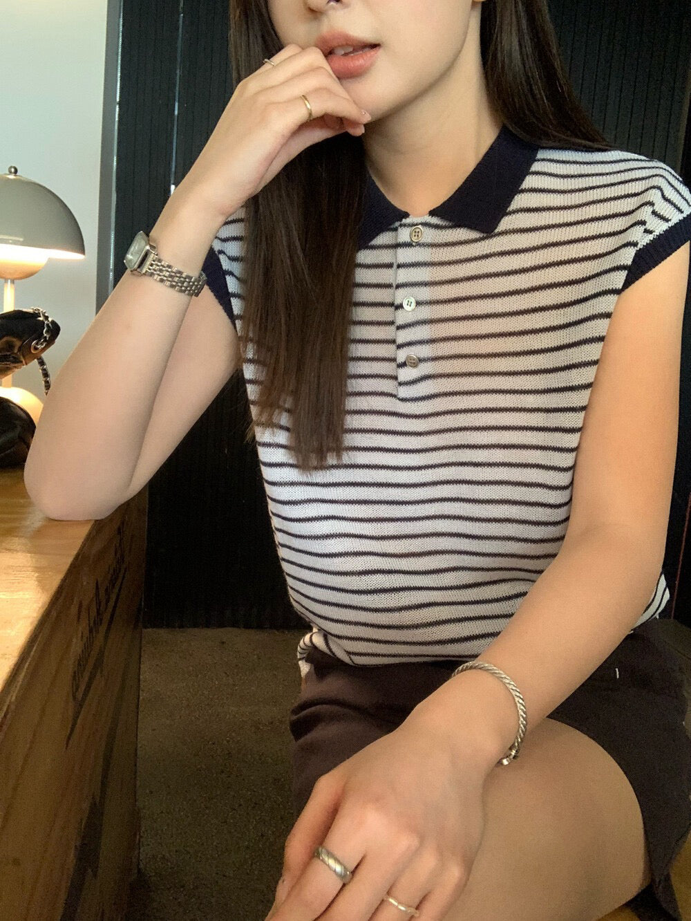 // 28%羊毛撞色邊polo間條針織背心