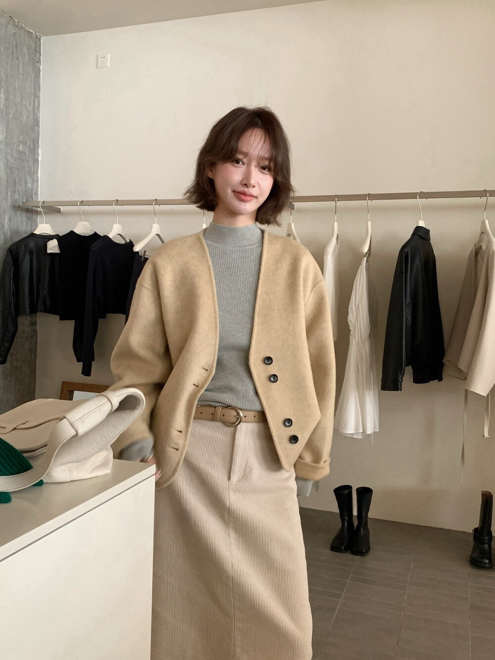 // 極美double鈕扣深V簡約100%雙面羊毛手工外套