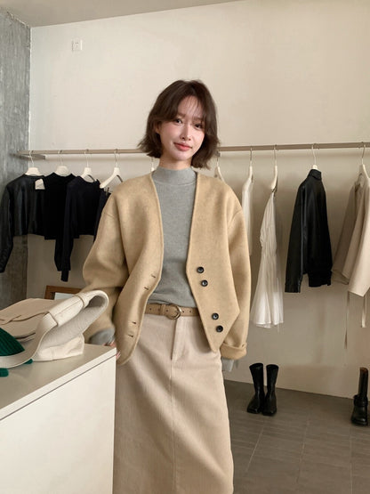 // 極美double鈕扣深V簡約100%雙面羊毛手工外套