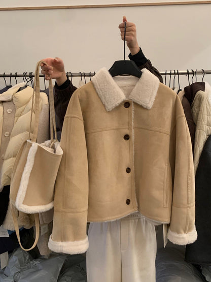 // 超軟皮毛一體麂皮翻領外套(連袋仔)