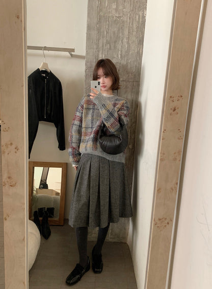 // 聖誕風復古感格紋混羊毛毛衣