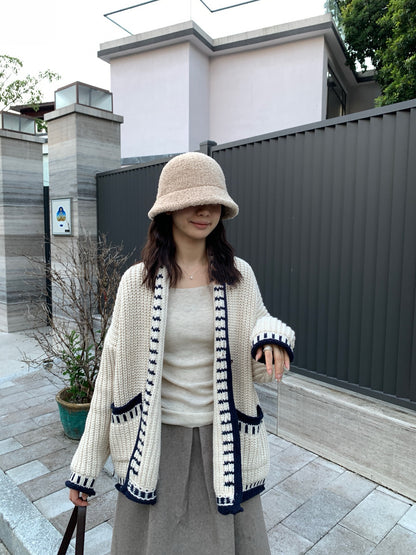 // 撞色織紋包邊翻領中長冷外套