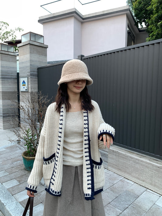 // 撞色織紋包邊翻領中長冷外套