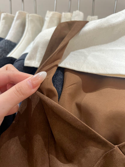 // 法式V領麂皮絨拼接lace腳OPS