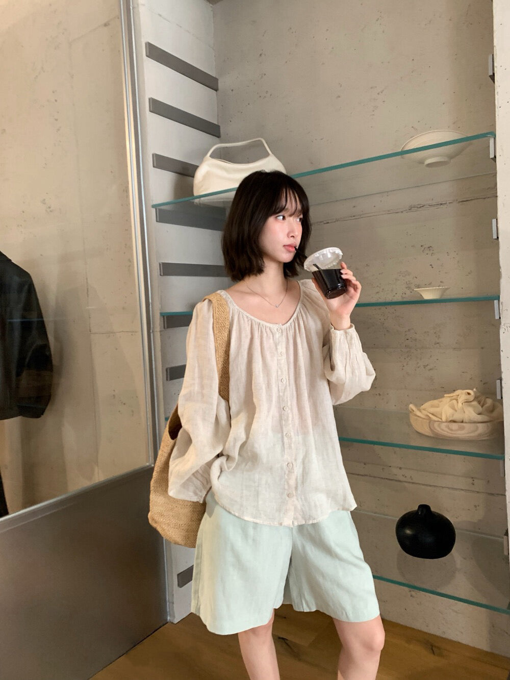 // 後綁帶排扣寬鬆麻質BL