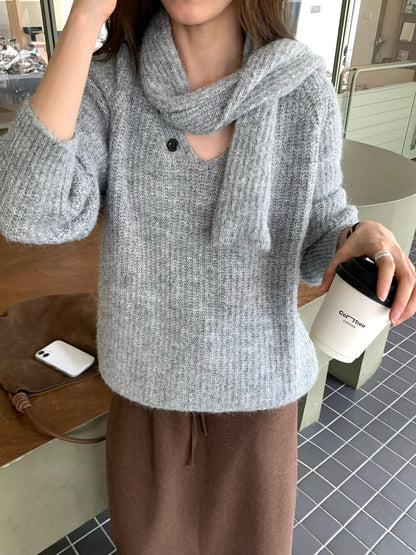// 慵懶領邊鈕扣設計連頸巾毛衣