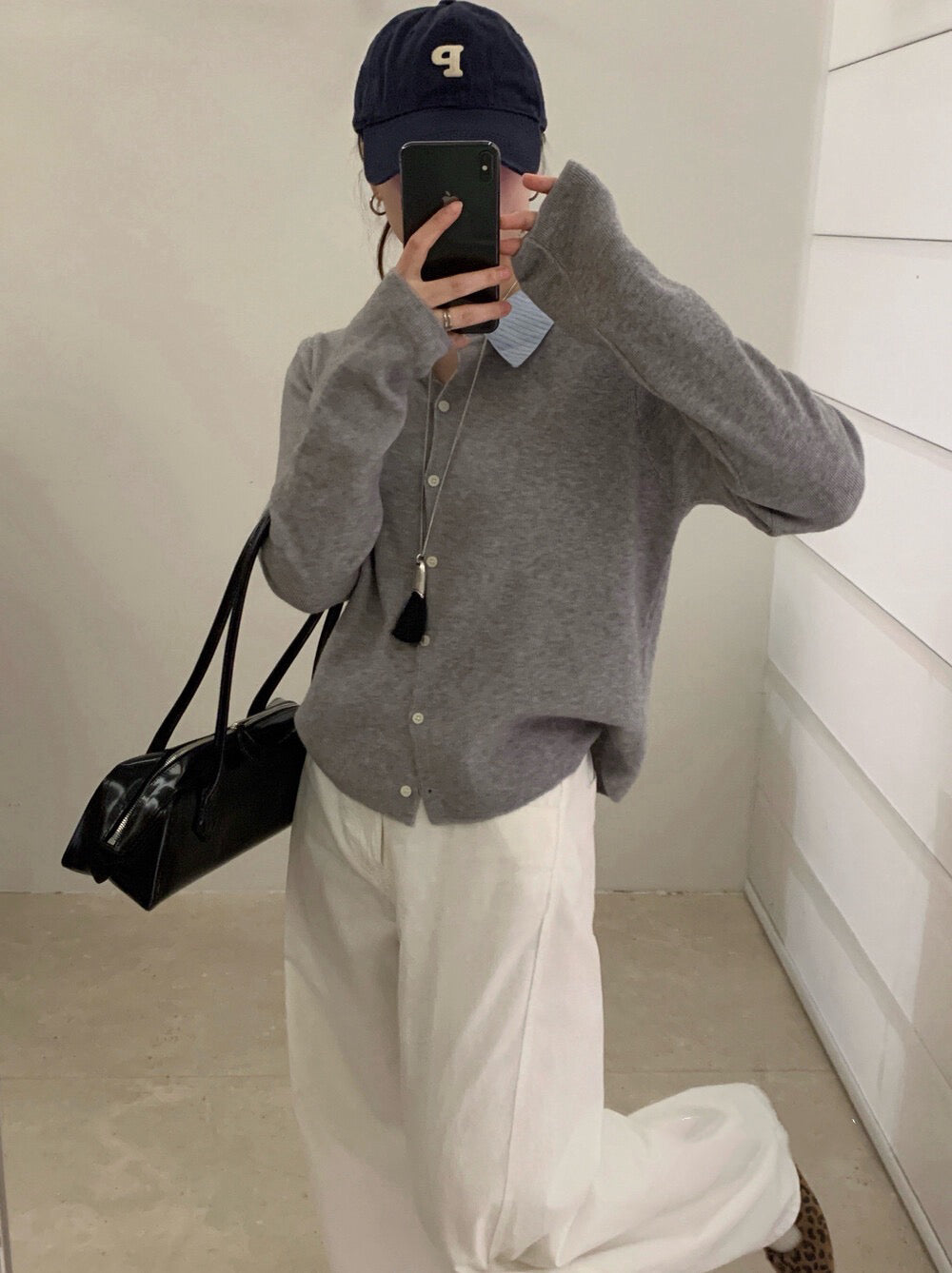 // 拼接間條恤衫領假兩件針織上衣