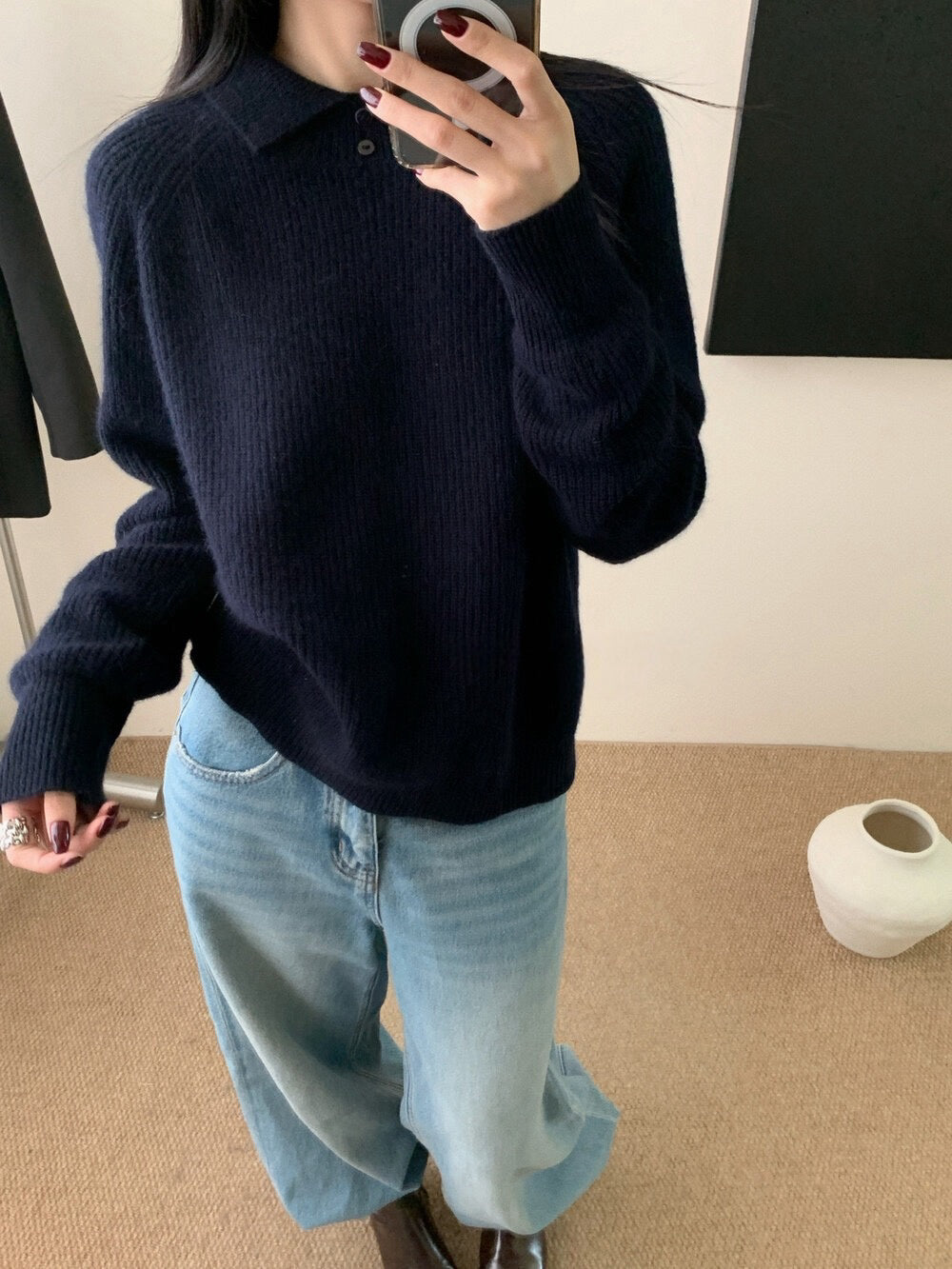 // 50%綿羊毛鈕扣翻領直紋NT