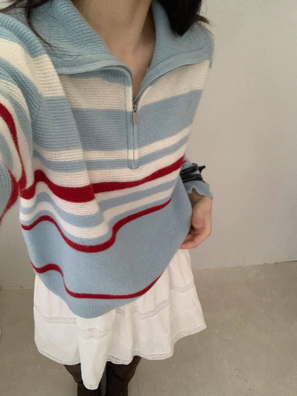 // 100%wool復古感拼間半拉鍊立領毛衣