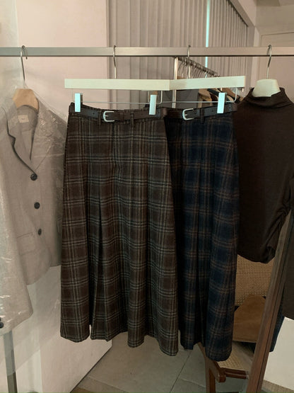 // 30%wool格紋壓褶毛呢中長裙(連腰帶)