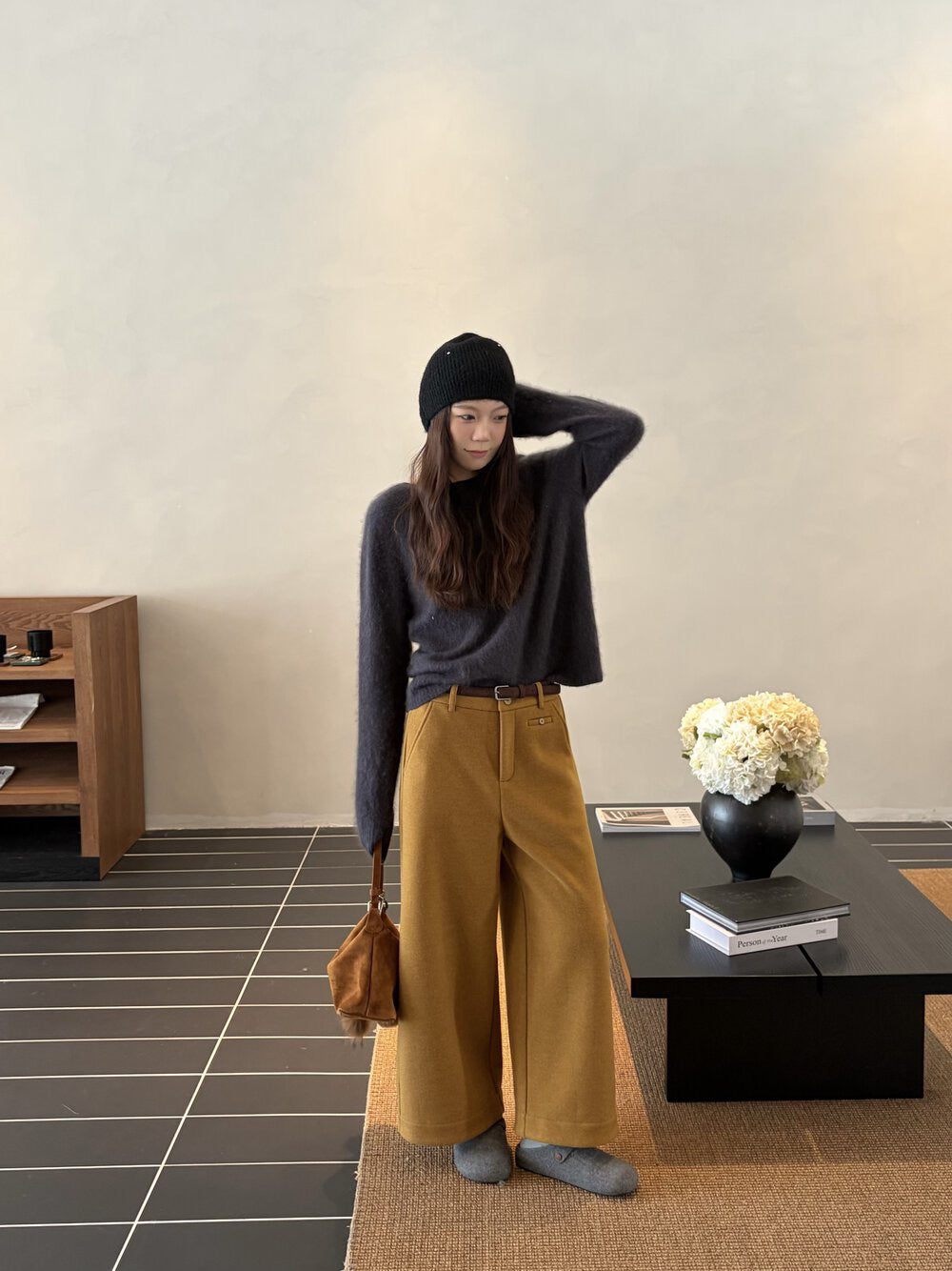 // 小口袋裝飾加絨直腳混羊毛呢褲(連腰帶)