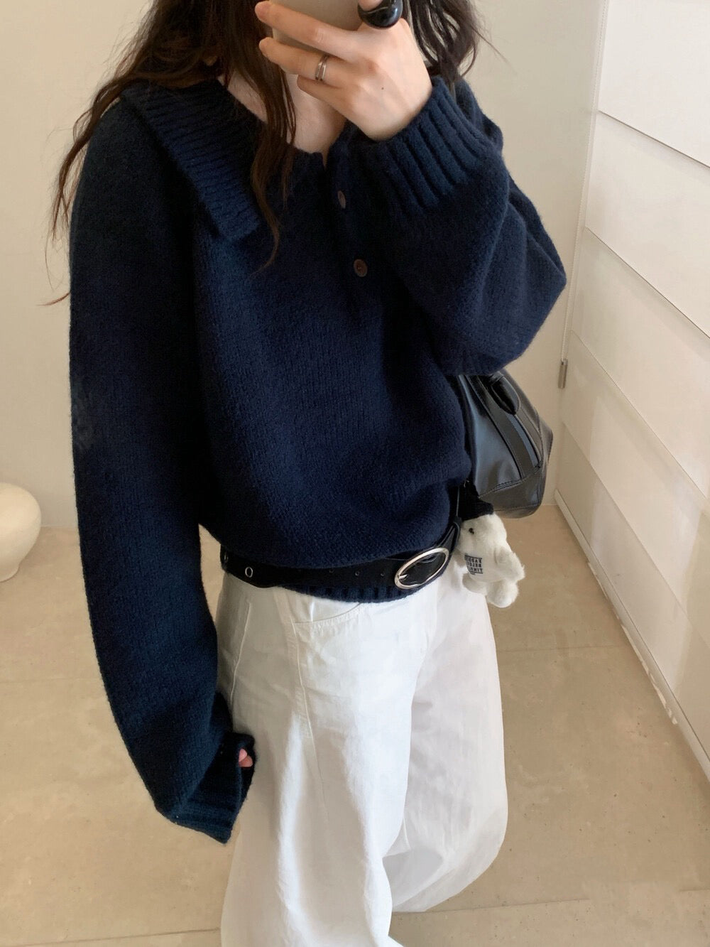 // 超韓領鈕扣粗坑紋翻領毛衣