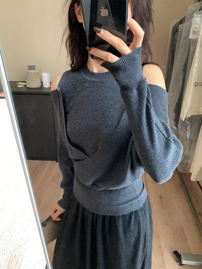 // 設計感交叉露肩針織上衣