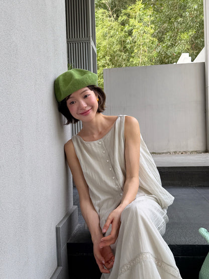 S32 / 天絲麻排扣泡泡腳背心+刺繡邊中裙套裝