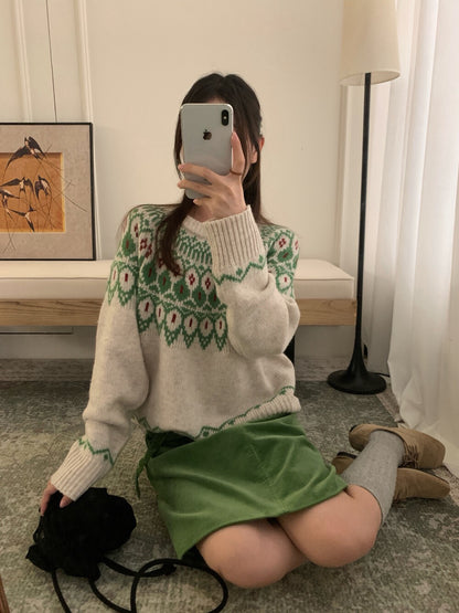 // 30%raccoon超美配色花紋毛衣