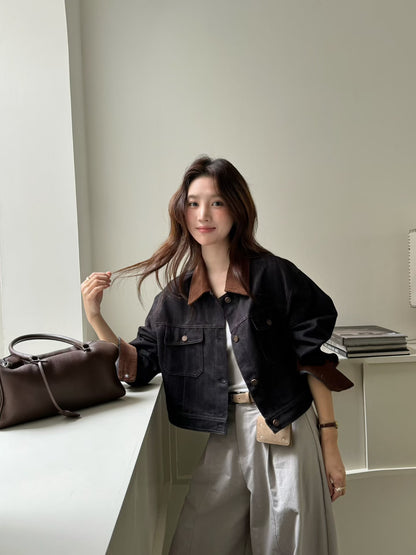 // 復古撞色燈芯絨領短款牛仔外套