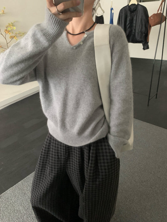 // 50%raccoon+30%cashmere超親膚小V領鈕扣NT