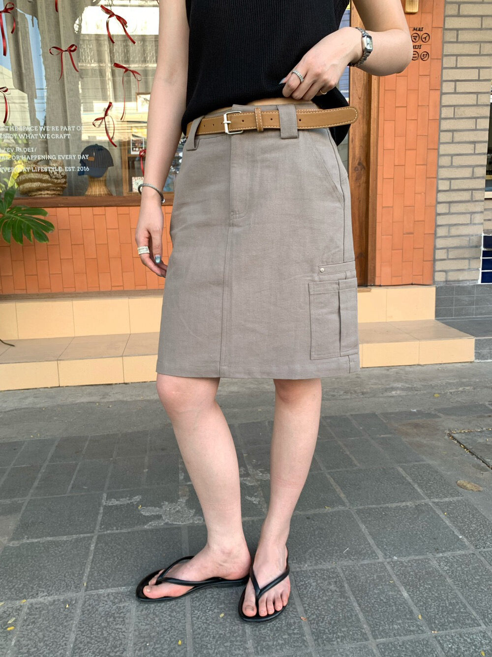 📻 肌理棉口袋工裝短裙(連腰帶)