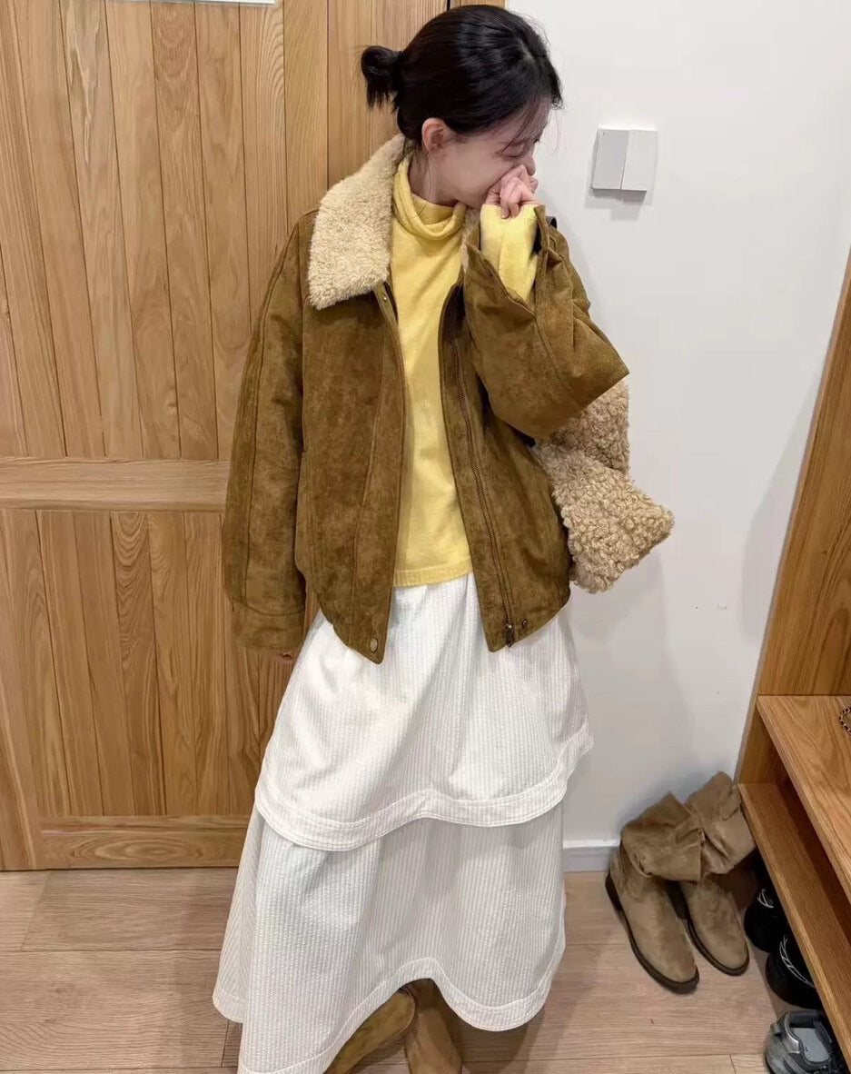 // 復古拼羊羔毛領麂皮絨外套