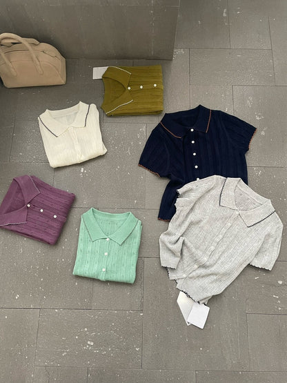 // 復古法式鏤空鈎花撞色包邊短袖NT