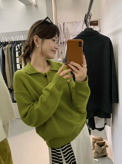 // 30%wool鈕扣直坑紋翻領毛衣