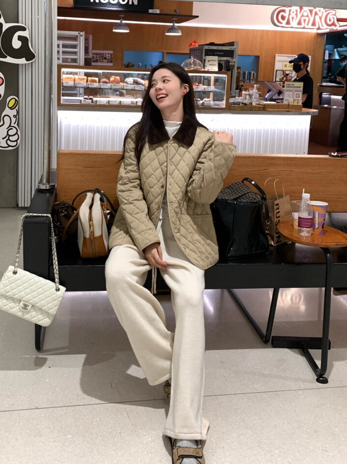 // 高品質拼燈芯絨領菱格薄夾棉外套