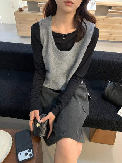 T08 / 顏色超美撞色疊穿針織背心+打底上衣兩件套