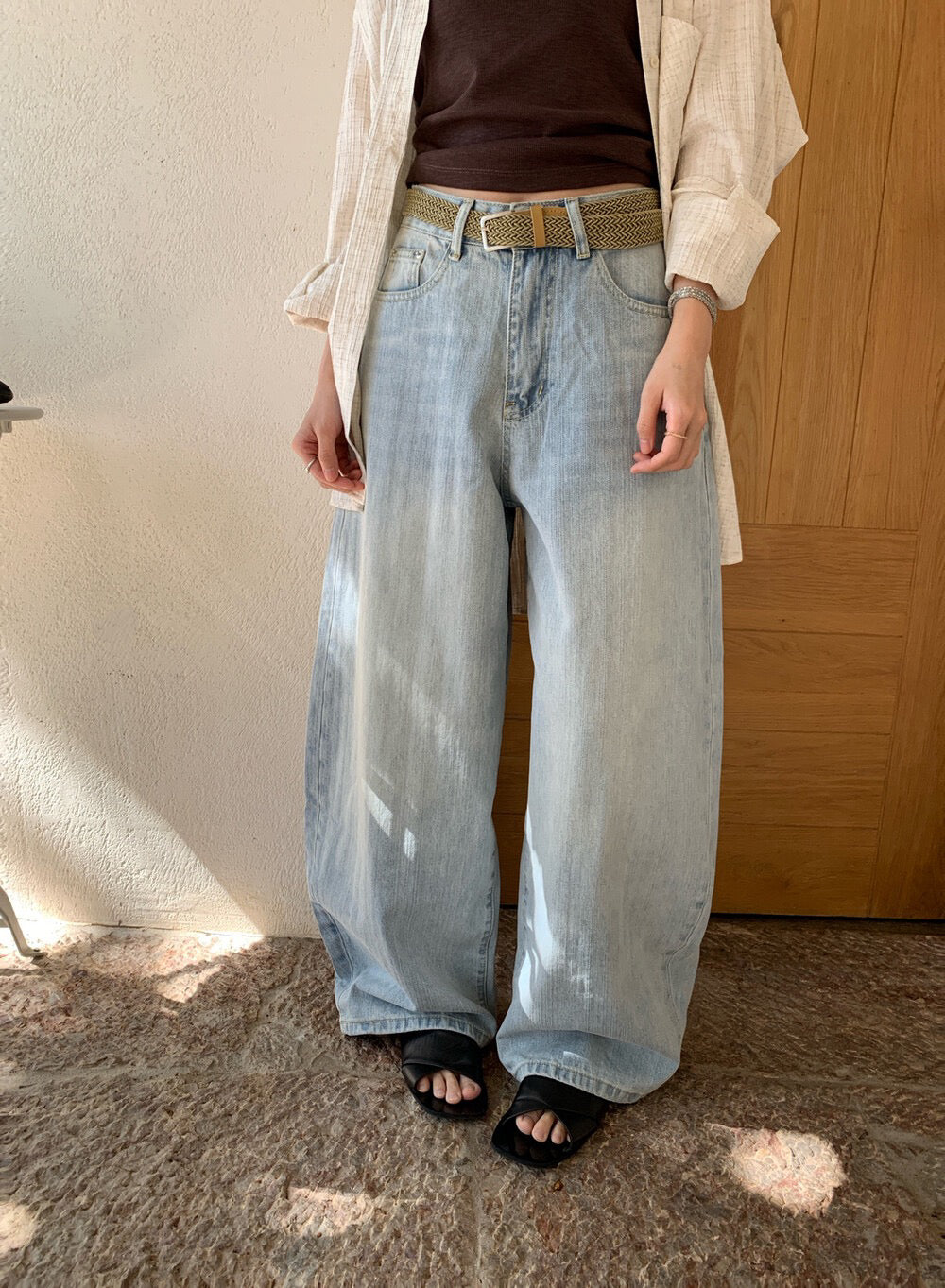 👖 慵懶洗水直闊褲牛仔褲(連腰帶)