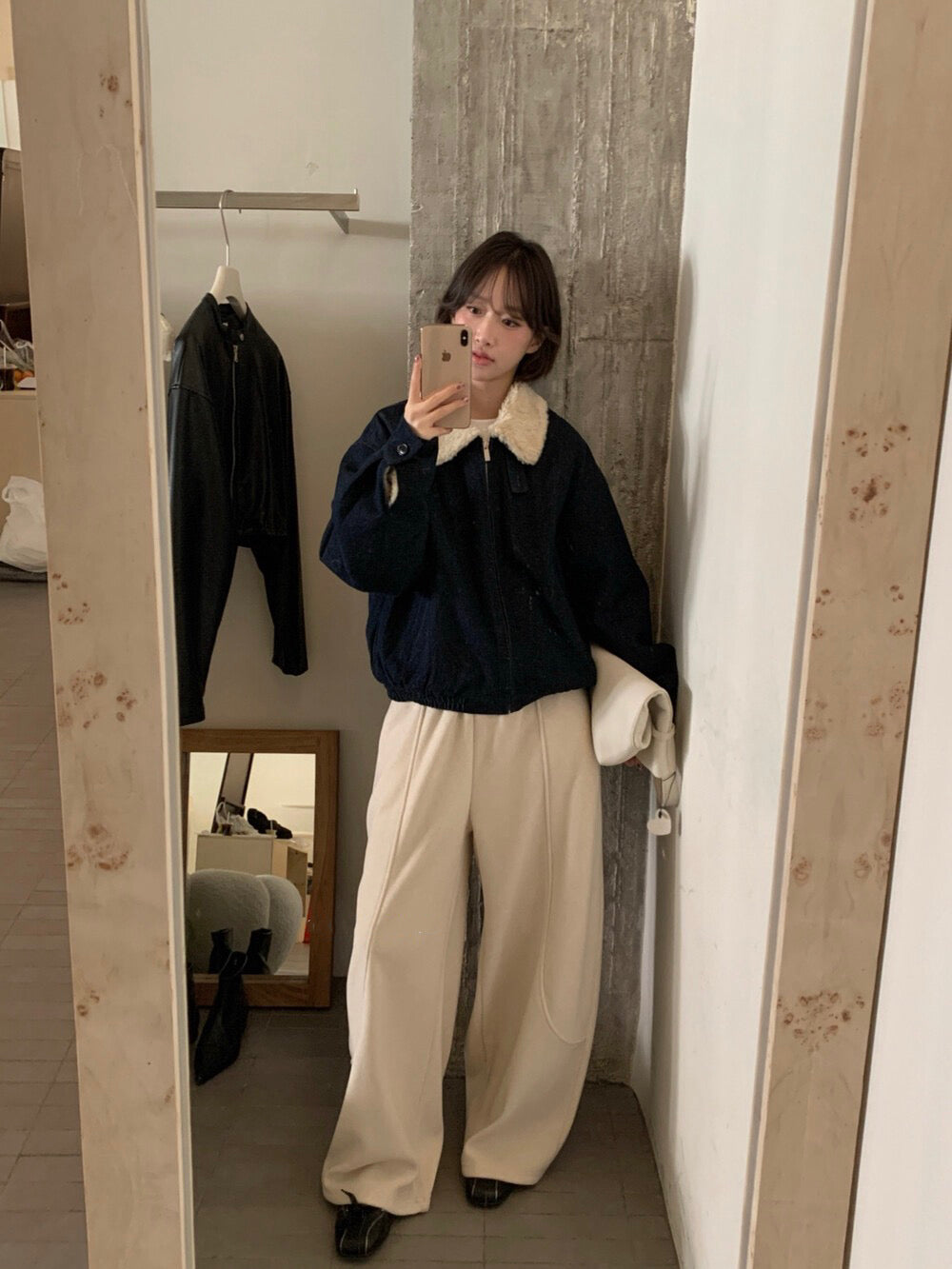 // 復古感翻領羊羔毛牛仔棉外套