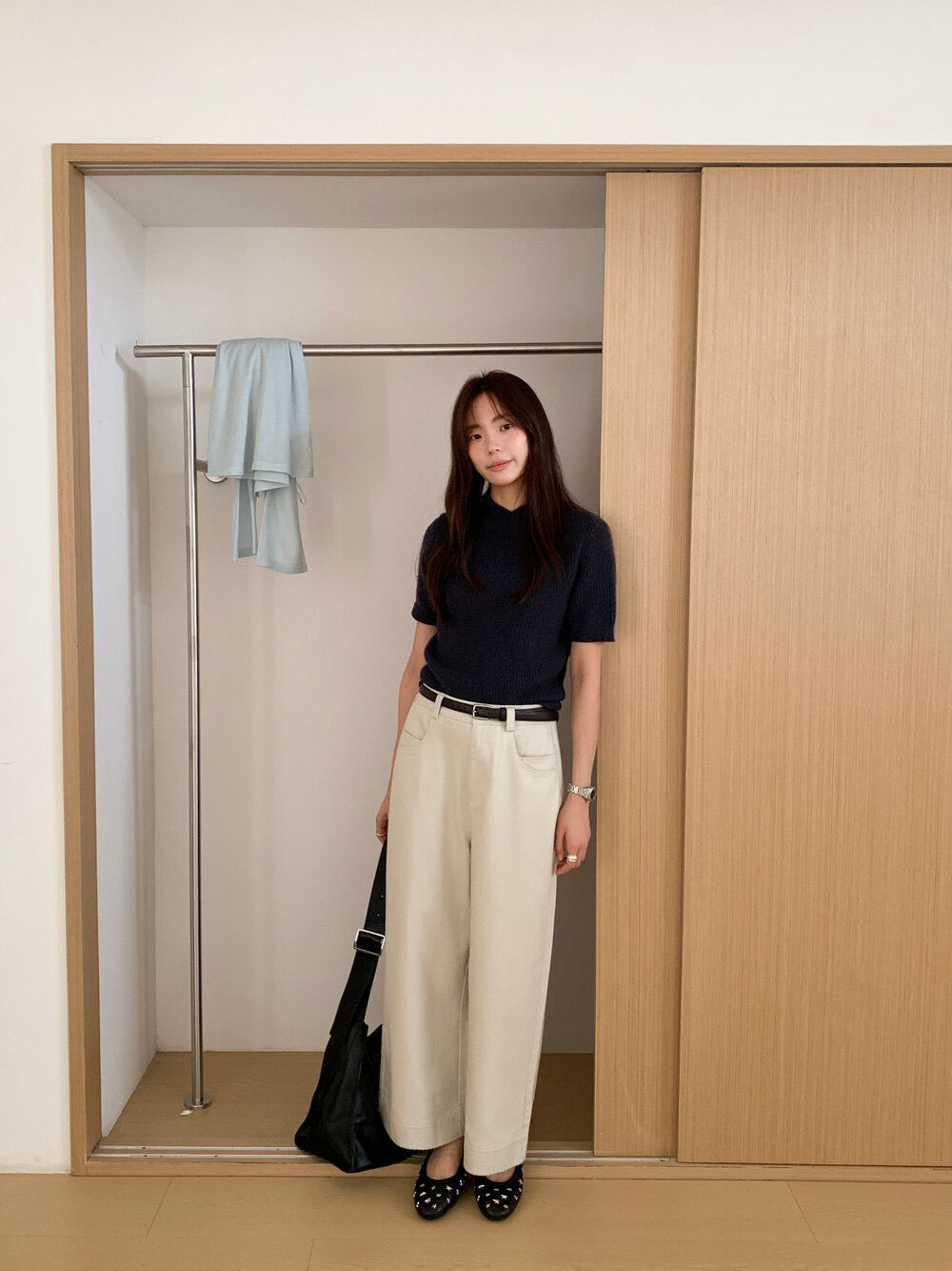 // 褲型超好簡約花邊直腳九分褲