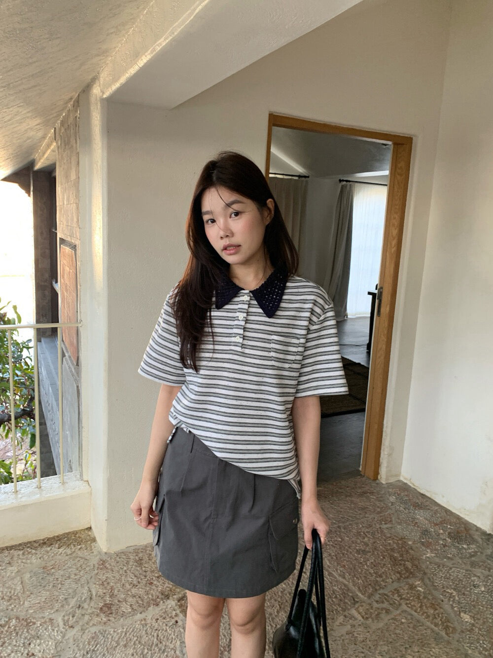 // 拼接針織翻領鈕扣混點間條上衣