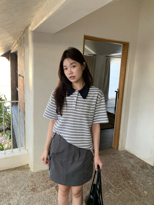 // 拼接針織翻領鈕扣混點間條上衣