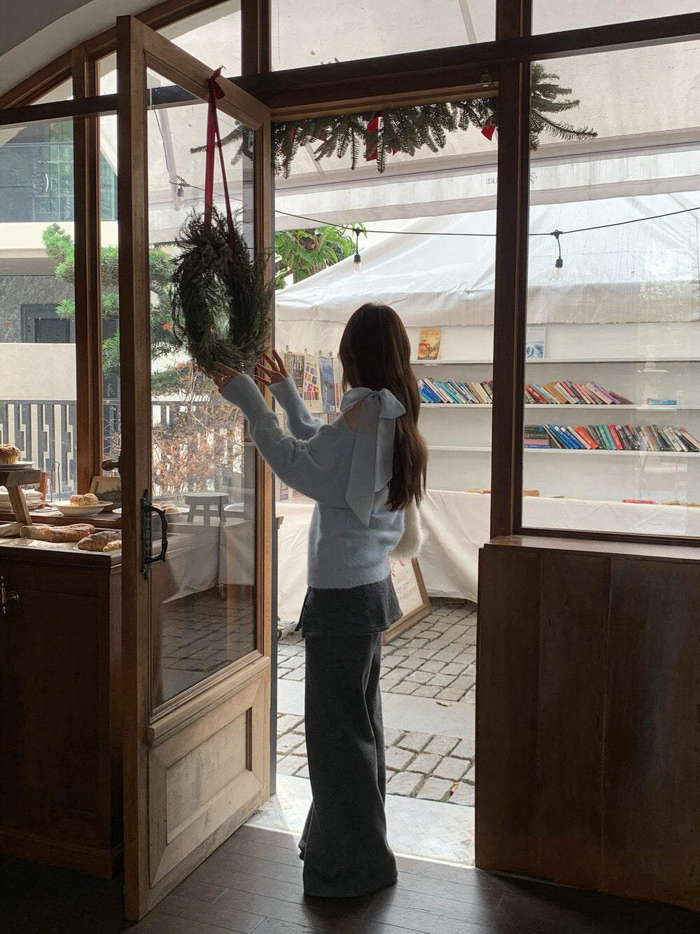 // 斜肩lace綁帶毛衣