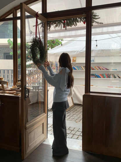 // 斜肩lace綁帶毛衣