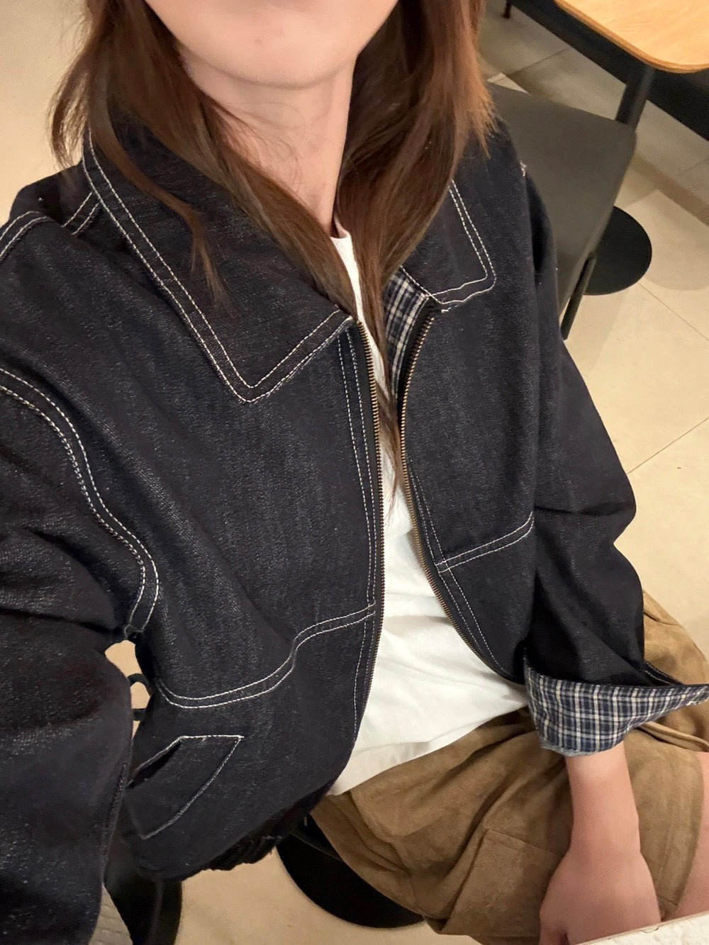 J12 / 明線設計格紋反袖翻領牛仔外套