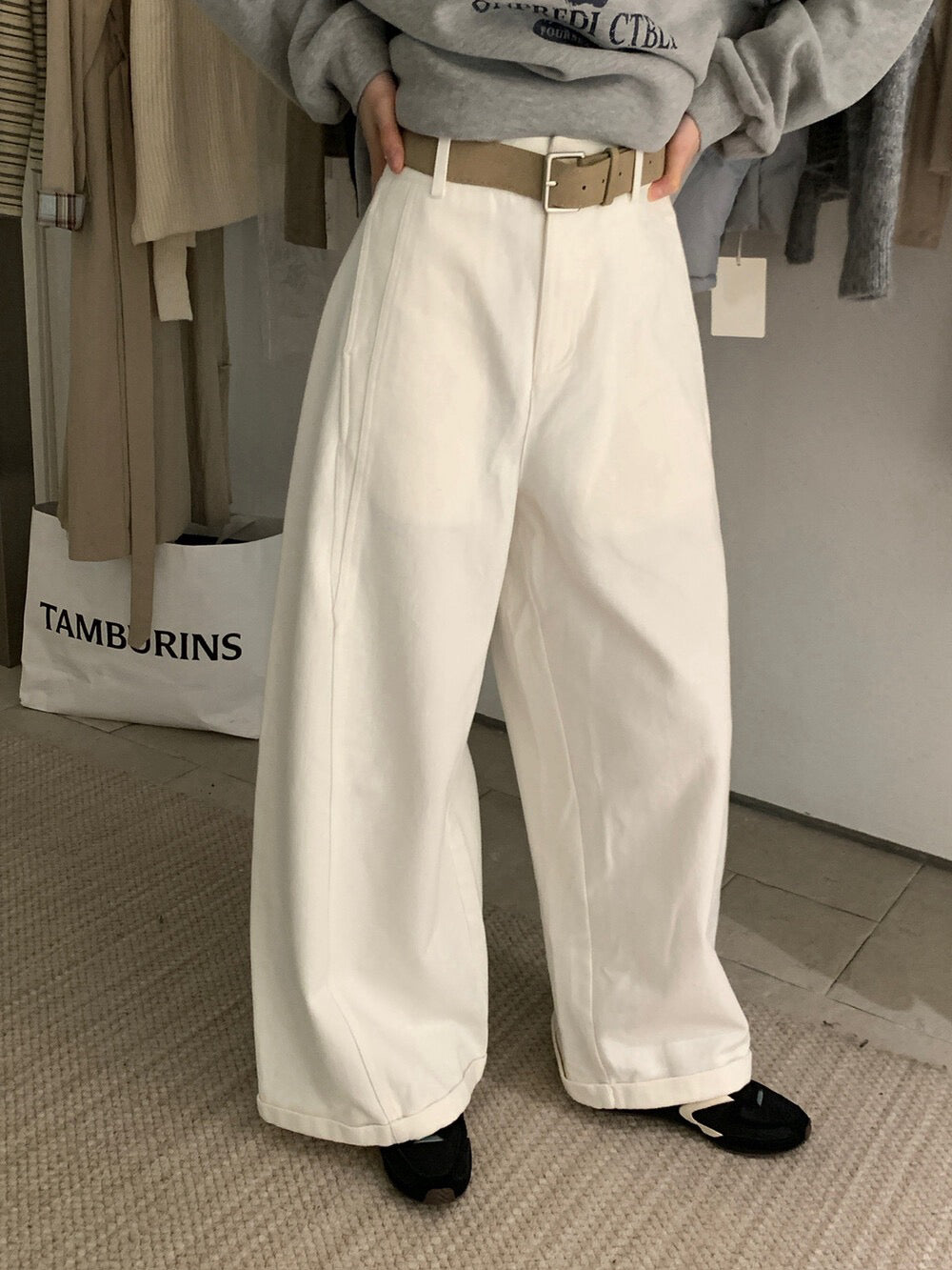 // 大熱鬆弛感加絨彎刀褲(連腰帶)