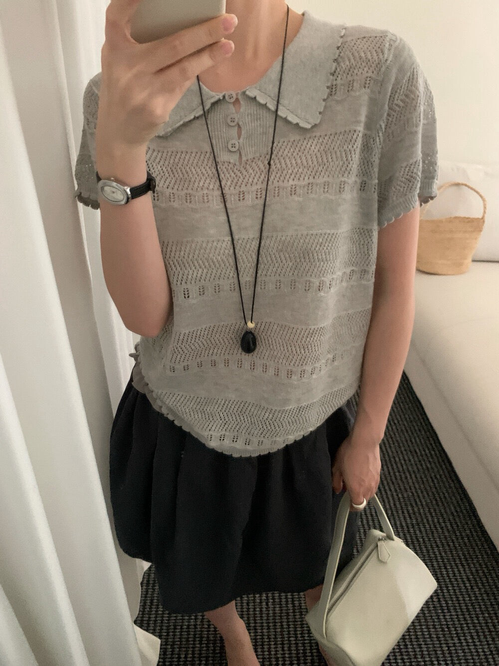 K19 / 精緻鏤空花邊翻領lyocell polo NT