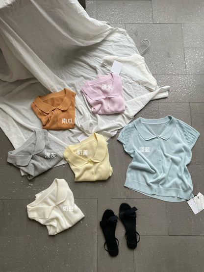 // 特別織紋袖娃娃領排扣短袖NT